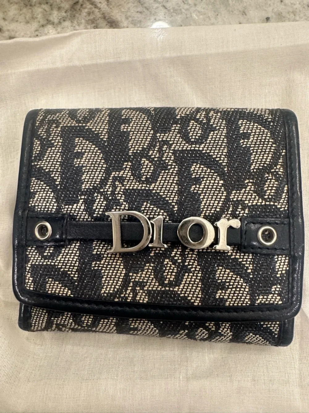 Dior Black and Beige Monogram Canvas Wallet with Silver Logo